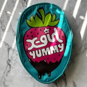 X-Girl Chocolate Dipped Strawberry Green & Pink Zipper Makeup Bag